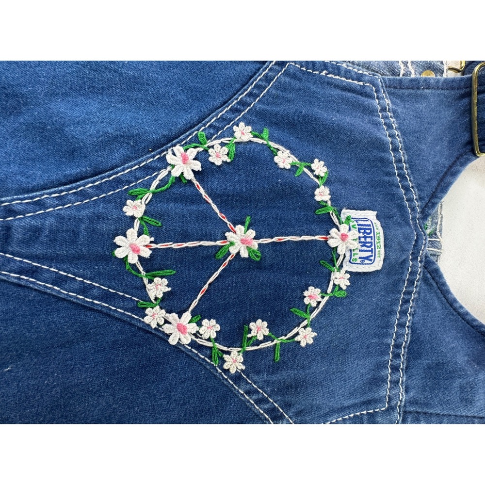 Liberty Overalls Vintage Denim Floral Embroidery Lace Trim Carpenter Blue L/XL - Picture 15 of 16